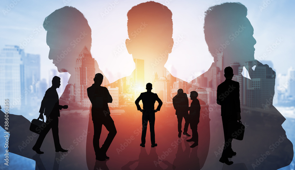 Abstract image of many business people together in group on background of city view with office buil