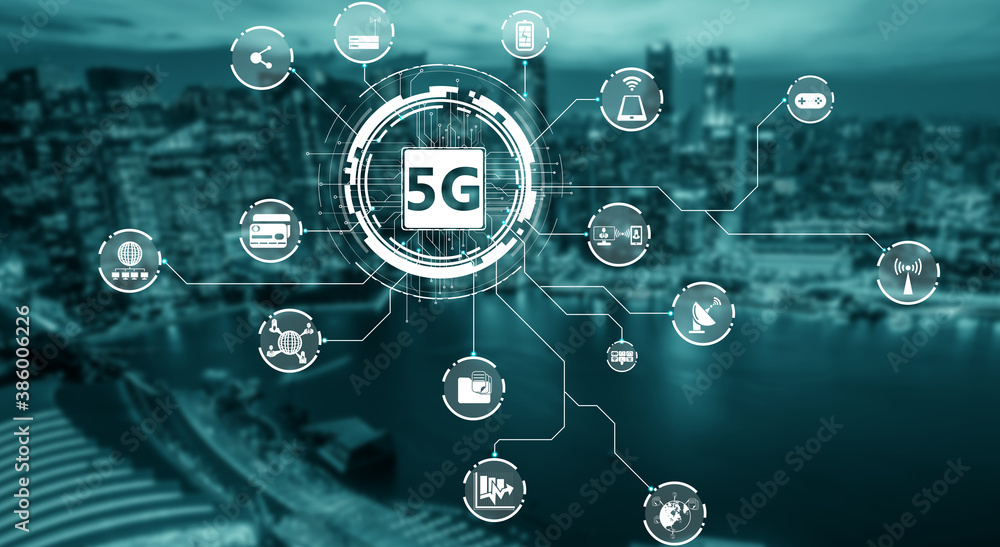 Advanced communication and global internet network connection in smart city . Concept of future 5G w