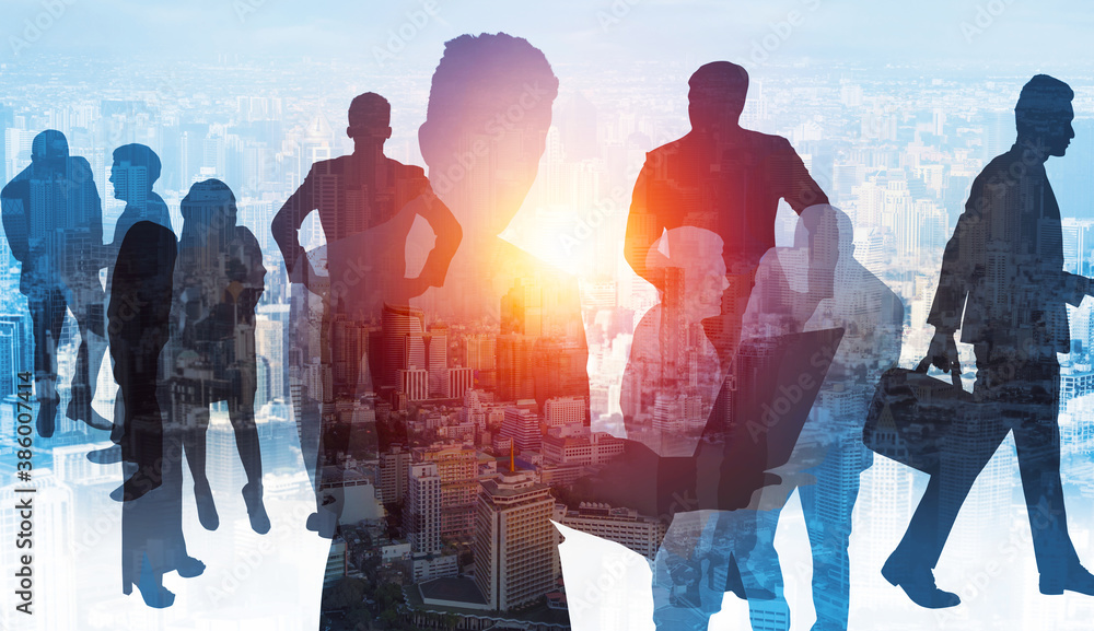 Abstract image of many business people together in group on background of city view with office buil