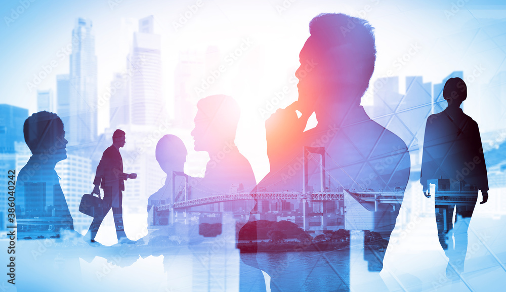 Abstract image of many business people together in group on background of city view with office buil