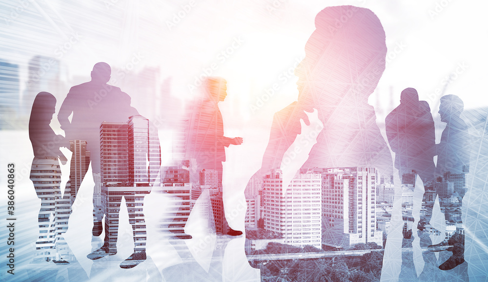 Abstract image of many business people together in group on background of city view with office buil