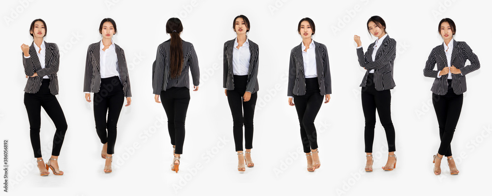 Different pose of same Asian woman full body portrait set on white background wearing formal busines