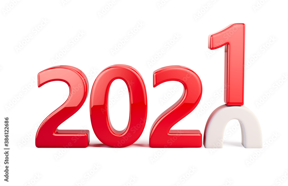 2020 year changes to 2021. Happy New 2021 Year. Red numbers 2021 isolated on white. 3d rendering