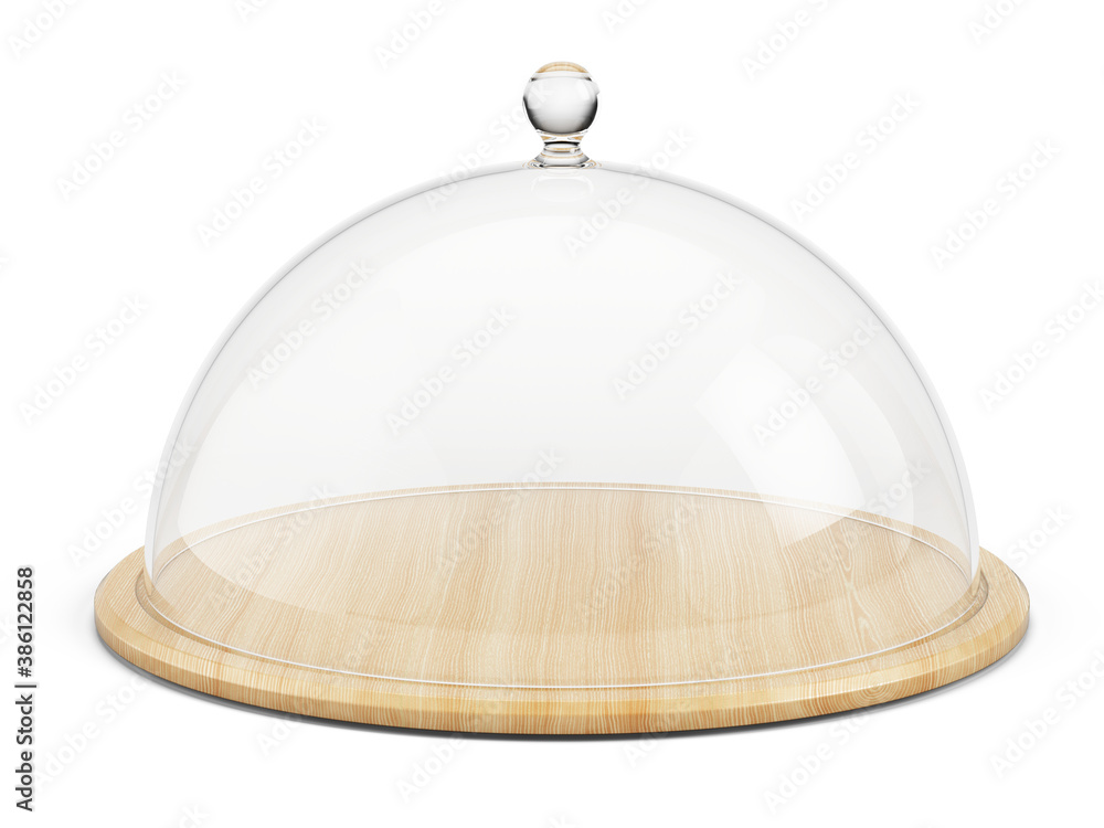 Closed glass serving Cloche and wooden plate isolated on a white background. 3d rendering