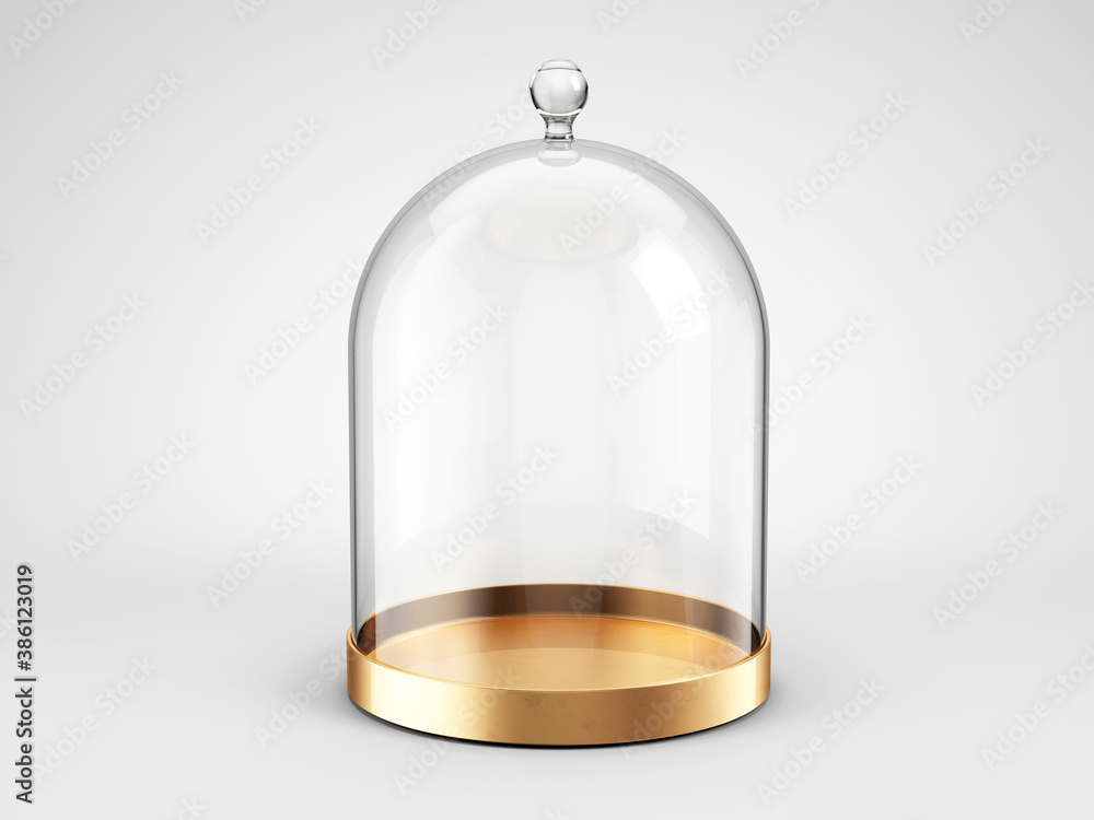 Glass cover dome bell with copper tray on light gray background. 3d rendering