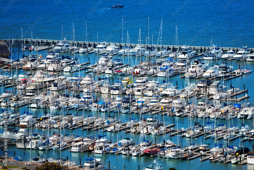 Marina many boats in San Francisco Bay view from above