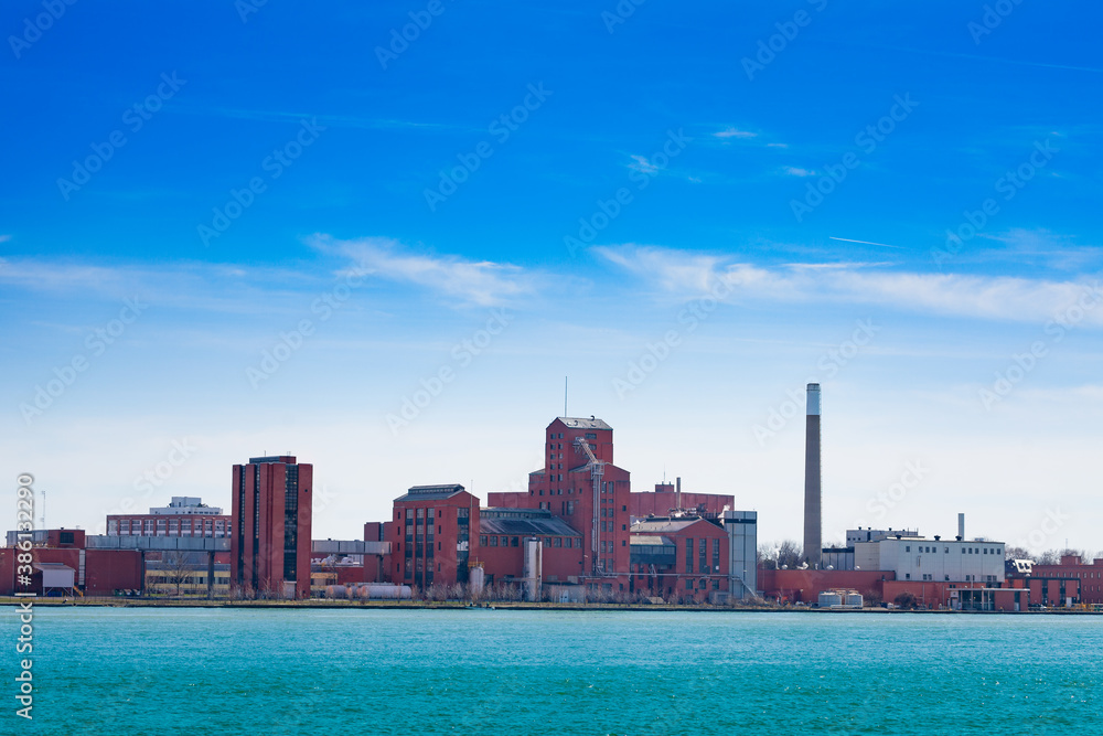 Hiram Walker and Sons Limited Windsor factory, Ontario, Canada view from Michigan over Detroit river