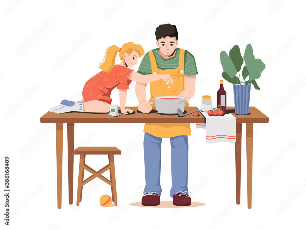 Daughter helps dad with cooking isolated father and little girl. Vector dad and small girl cooks bor