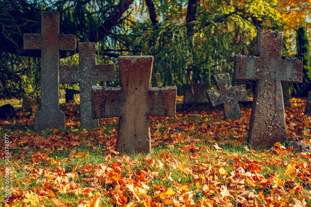 Old cemetry in Pirita Monastery ruins of St. Brrigitta in Autumn colors