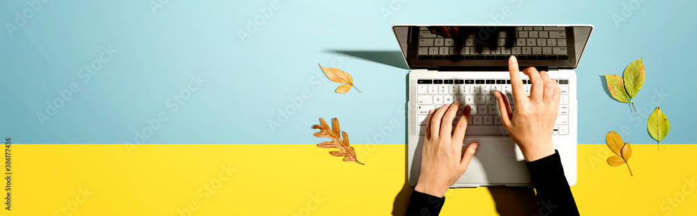 Autumn leaves with person using a laptop computer from above