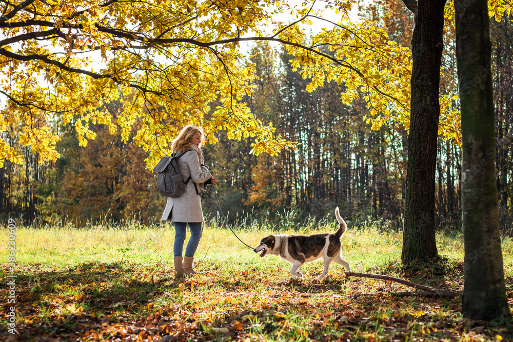 Woman walking dog in autumn park