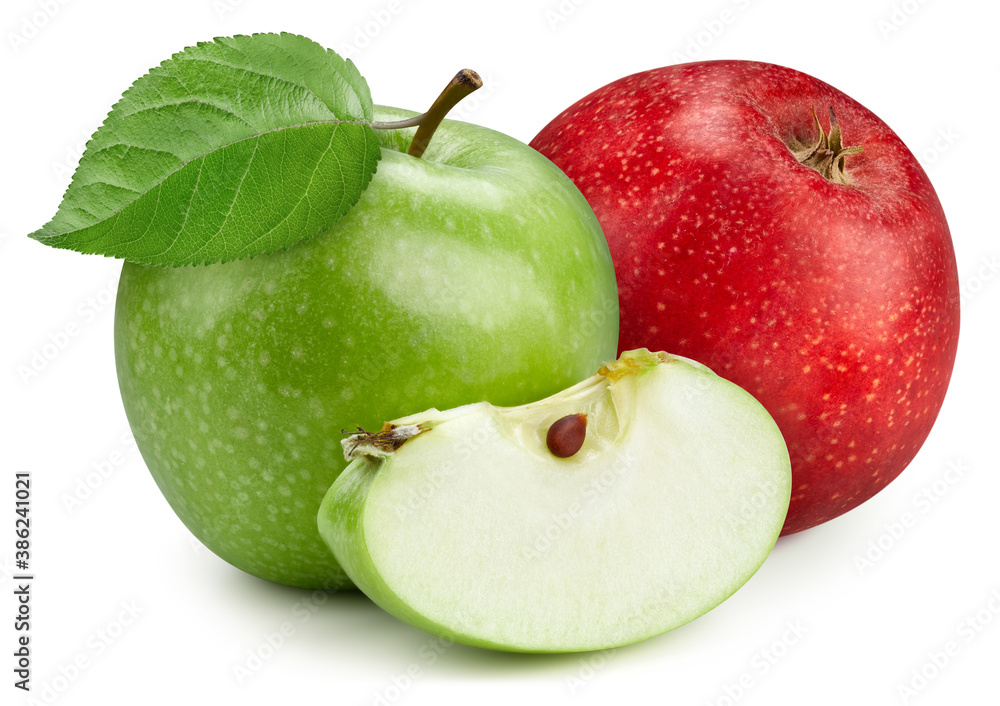 A green apple with a slice and a red whole apple