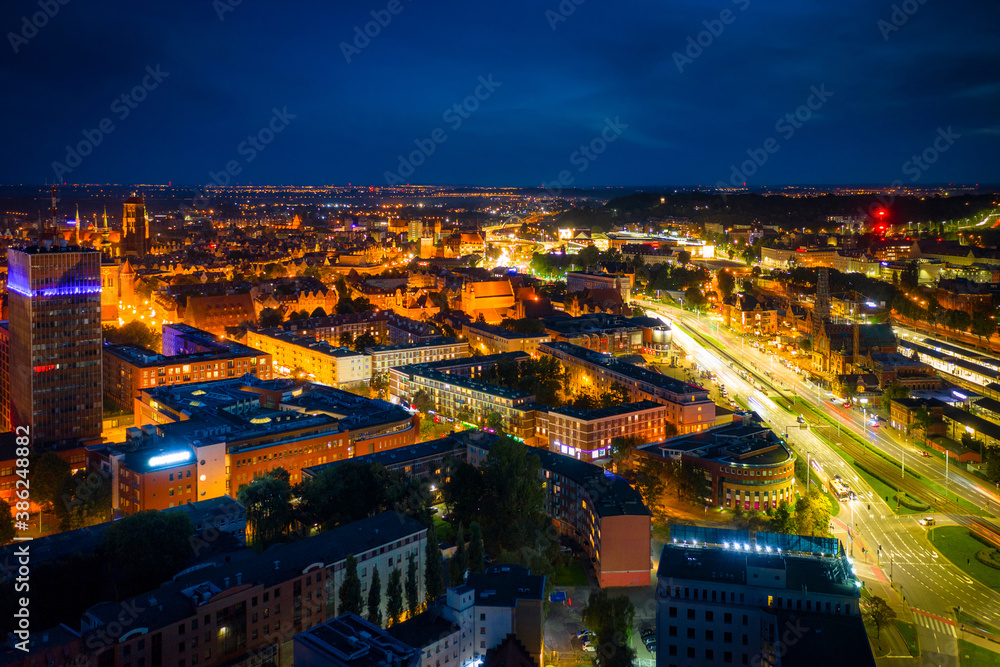 Aerial view of the Gdansk city at dusk, Poland