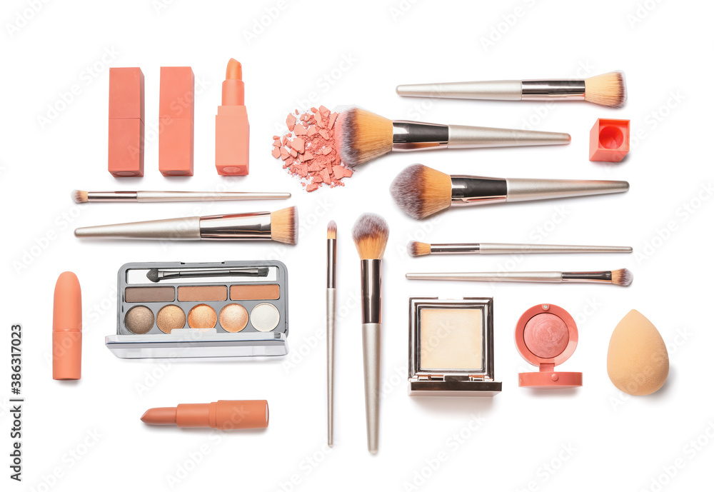 Set of makeup brushes with decorative cosmetics on white background