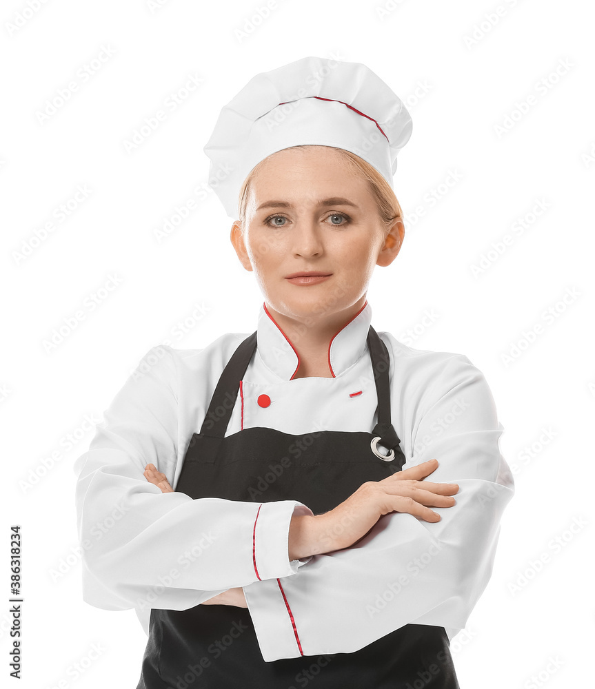 Mature female chef on white background