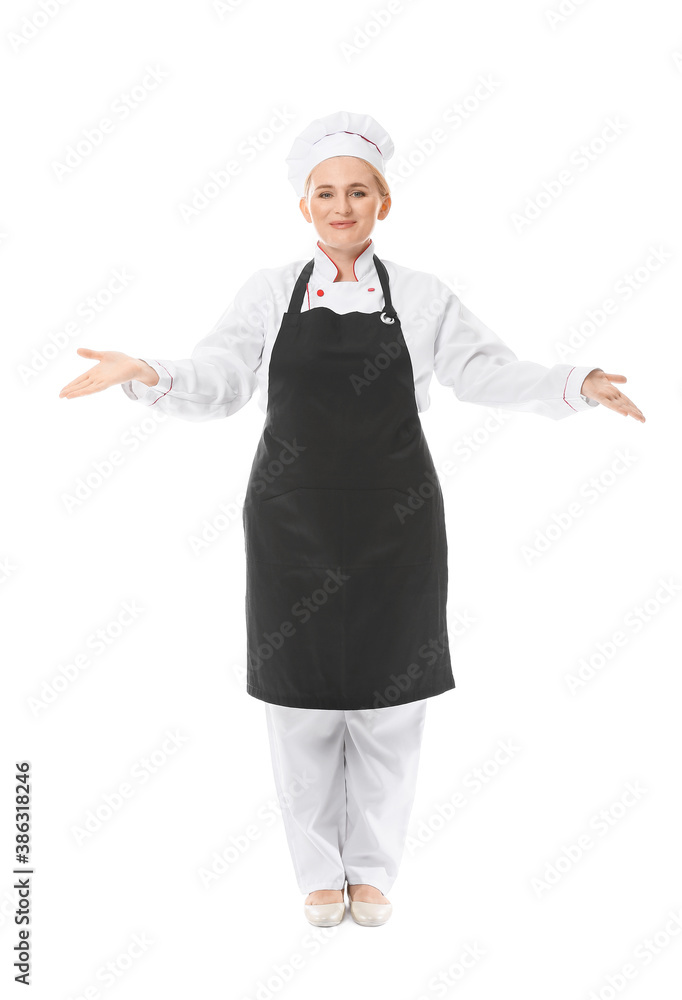 Mature female chef on white background