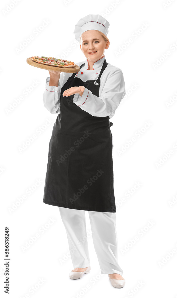 Mature female chef with tasty pizza on white background