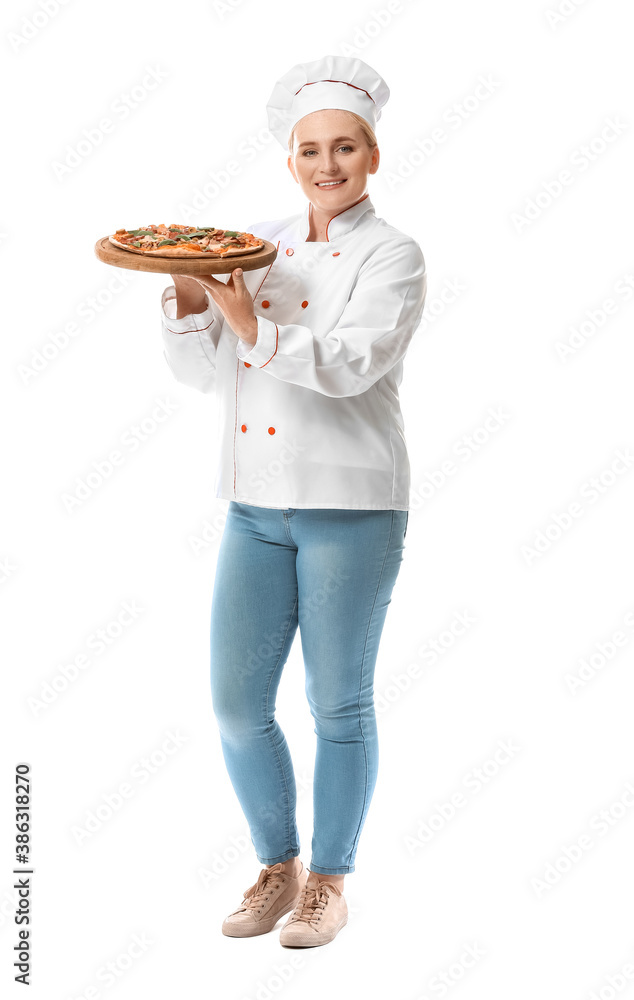 Mature female chef with tasty pizza on white background