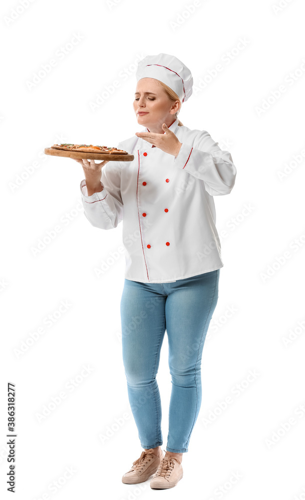 Mature female chef with tasty pizza on white background