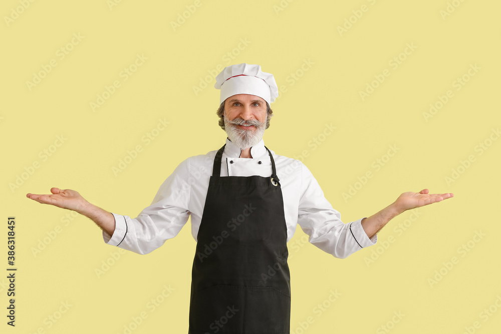 Mature male chef on color background