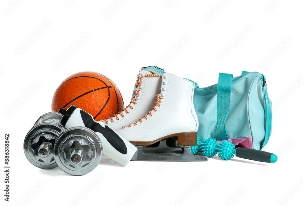 Set of sport equipment on white background