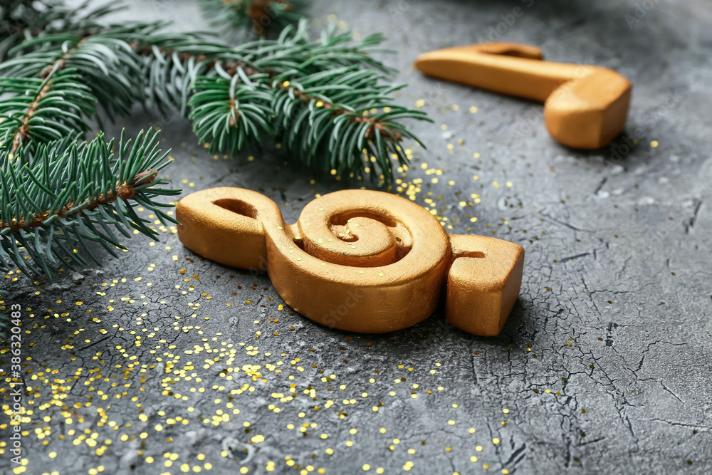 Notes and Christmas decor on grey background, closeup