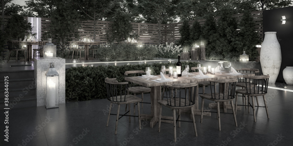 Ready for Dinner: Garden Restaurant - panoramic black and white 3d visualization