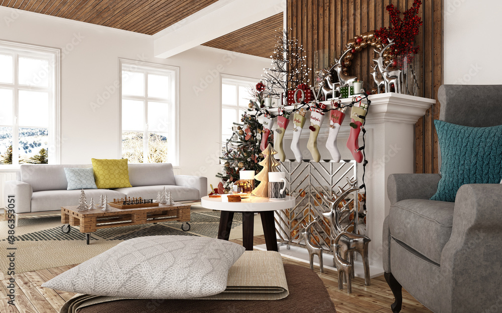 New year tree in scandinavian style interior with christmas decoration and fireplace	