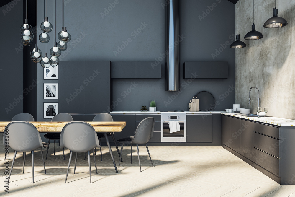 Stylish panoramic kitchen interior with picture on wall