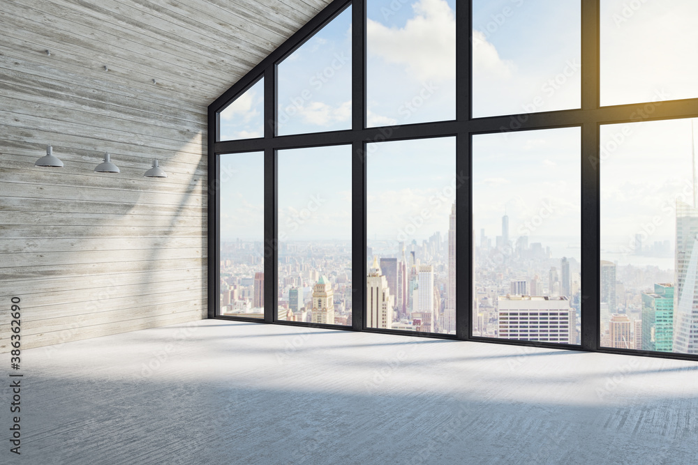 Modern loft interior with city view.