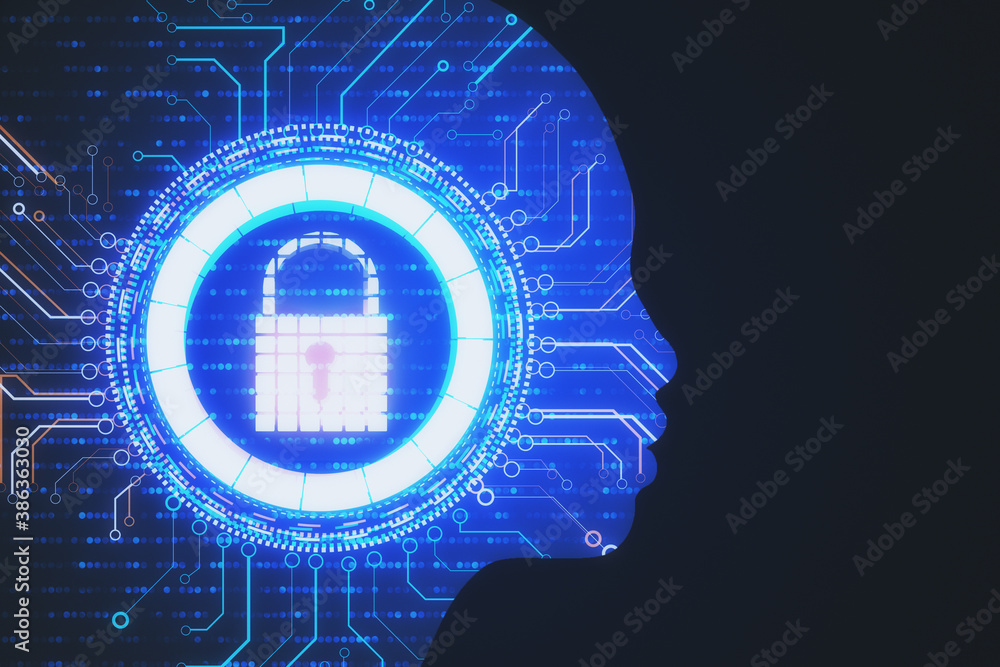 Circuit chip hologram in robot head with lock.