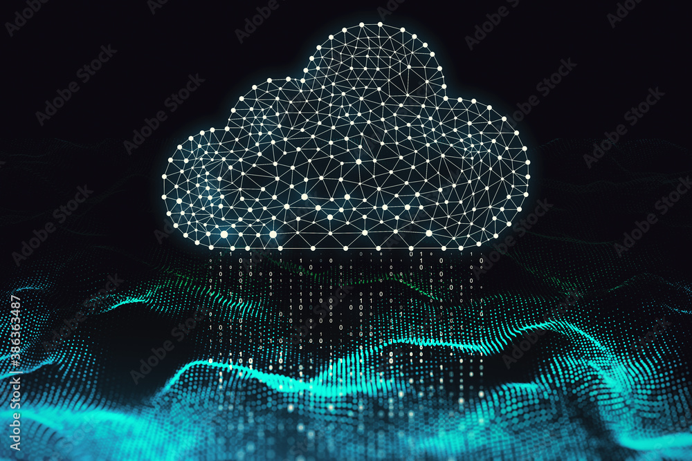 Creative glowing polygonal binary code cloud raining