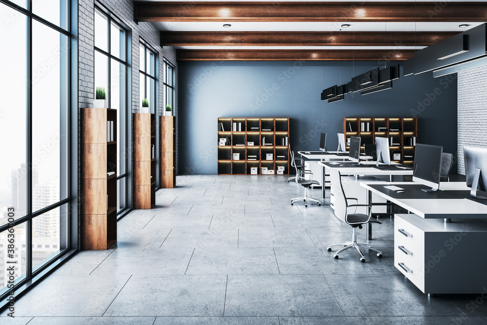 Contemporary office hall with panoramic city view