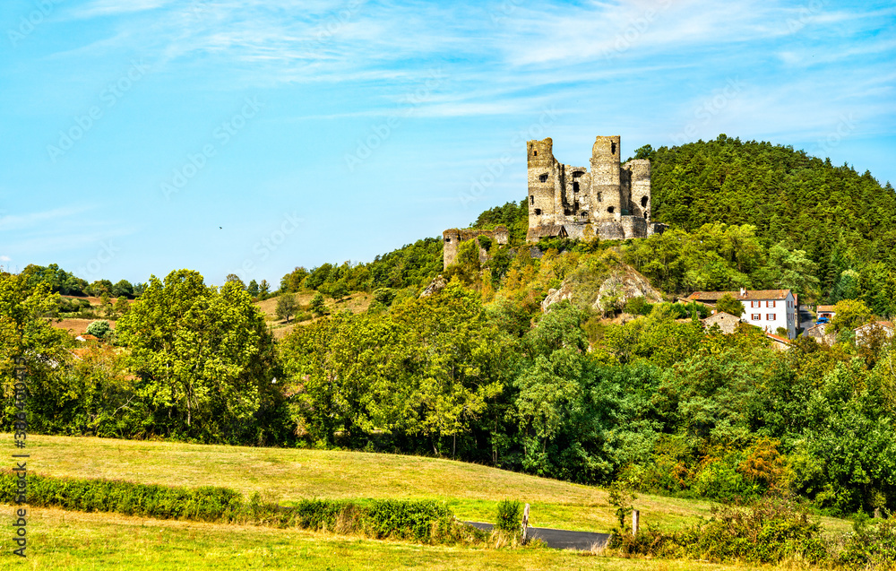 Aerial view of the ruins of Domeyrat Castle in Auvergne, France