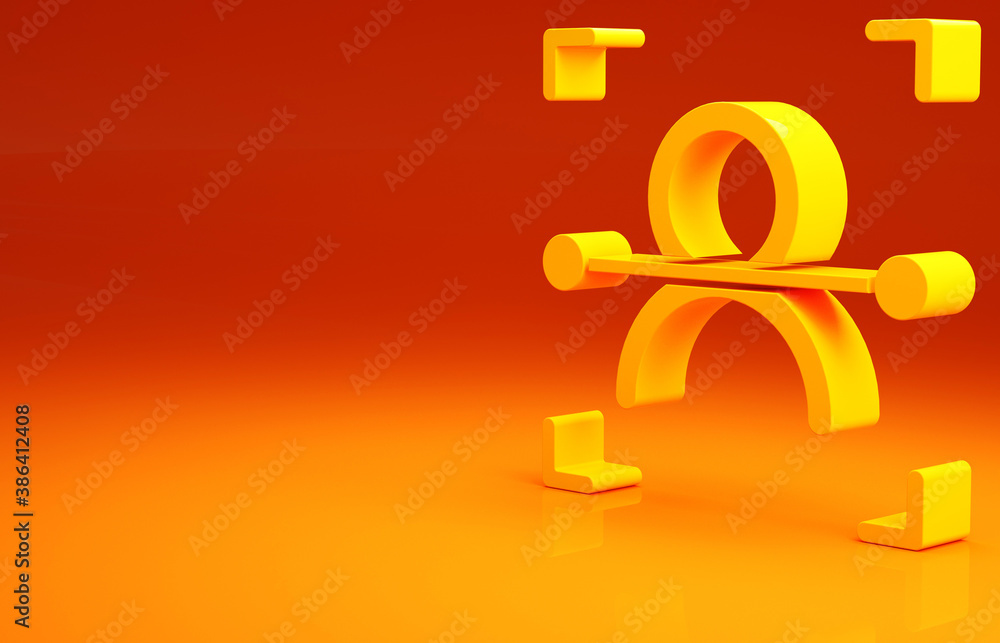 Yellow Face recognition icon isolated on orange background. Face identification scanner icon. Facial