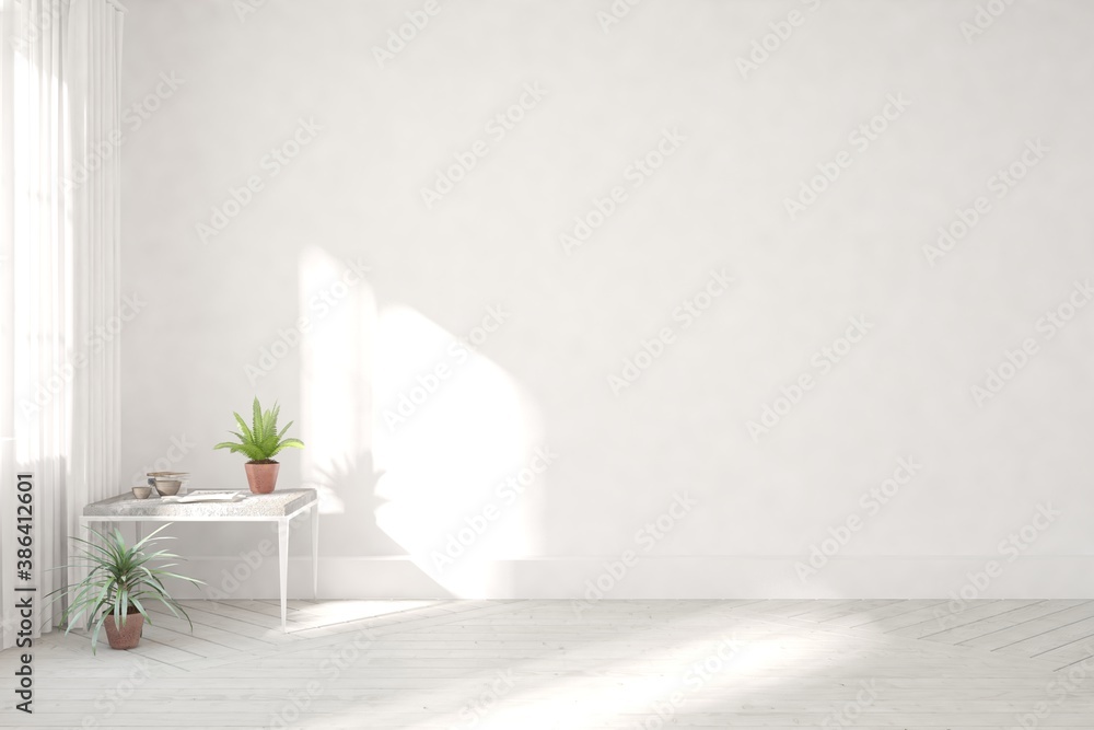 White empty room with table and green home plant. Scandinavian interior design. 3D illustration