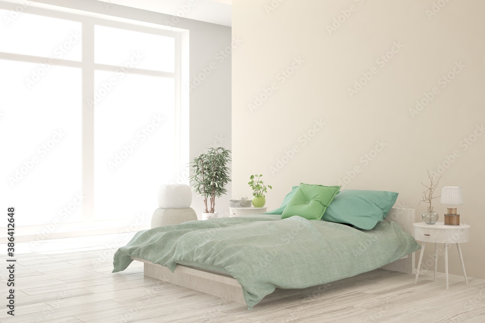 White bedroom interior. Scandinavian design. 3D illustration