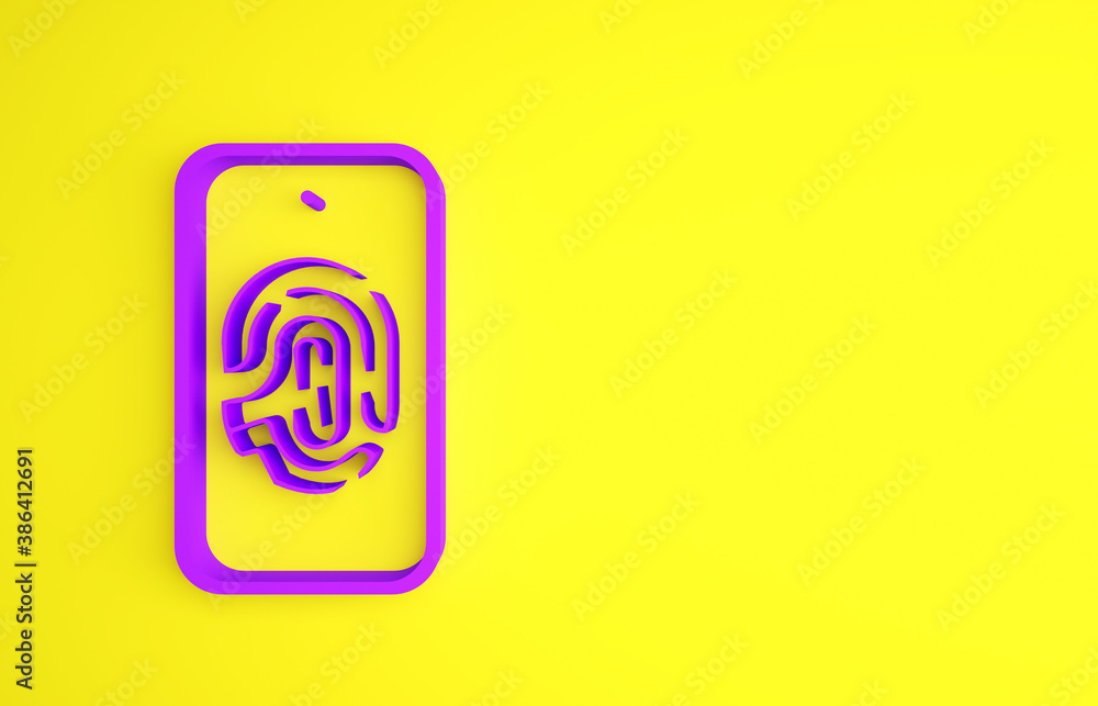 Purple Smartphone with fingerprint scanner icon isolated on yellow background. Concept of security, 