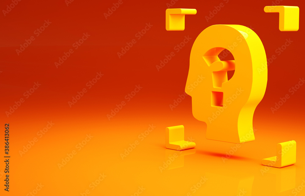 Yellow Face recognition icon isolated on orange background. Face identification scanner icon. Facial