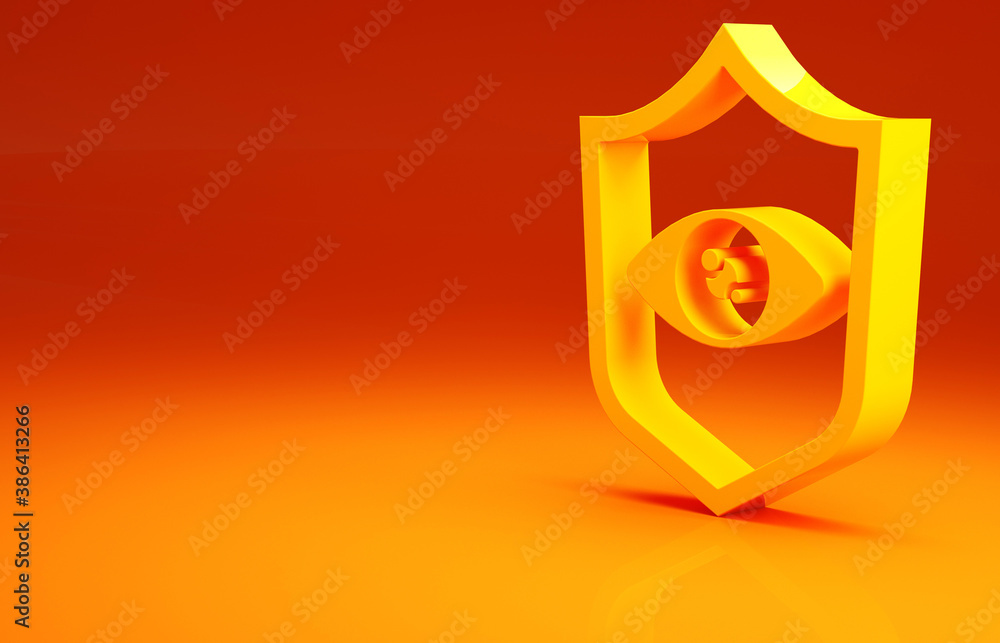 Yellow Shield eye scan icon isolated on orange background. Scanning eye. Security check symbol. Cybe