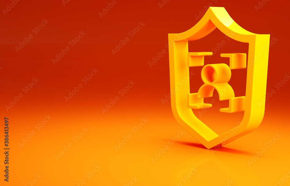 Yellow Shield face recognition icon isolated on orange background. Face identification scanner icon.