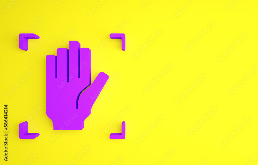 Purple Palm print recognition icon isolated on yellow background. Biometric hand scan. Fingerprint i