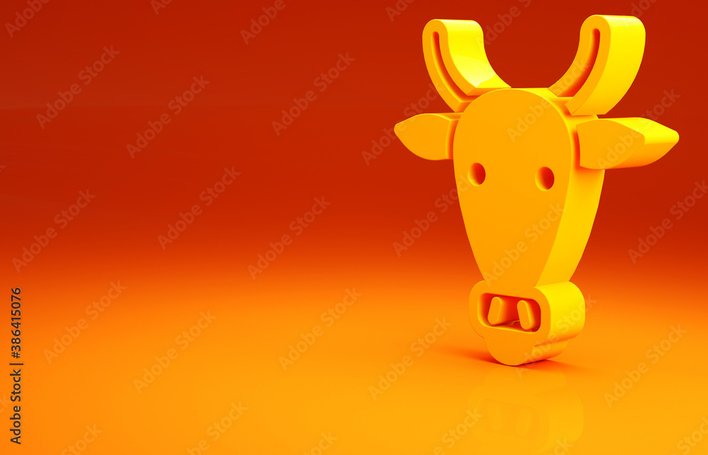 Yellow Cow head icon isolated on orange background. Minimalism concept. 3d illustration 3D render.