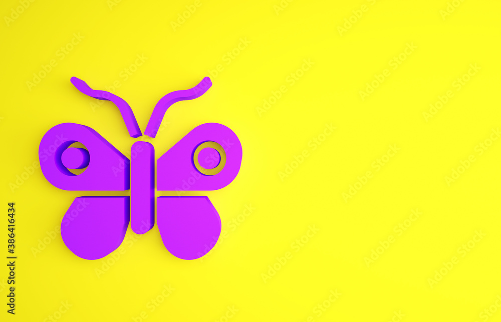 Purple Butterfly icon isolated on yellow background. Minimalism concept. 3d illustration 3D render.