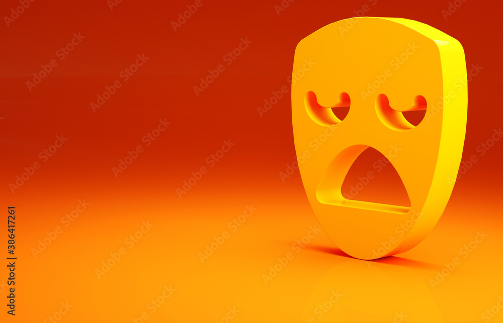 Yellow Drama theatrical mask icon isolated on orange background. Minimalism concept. 3d illustration