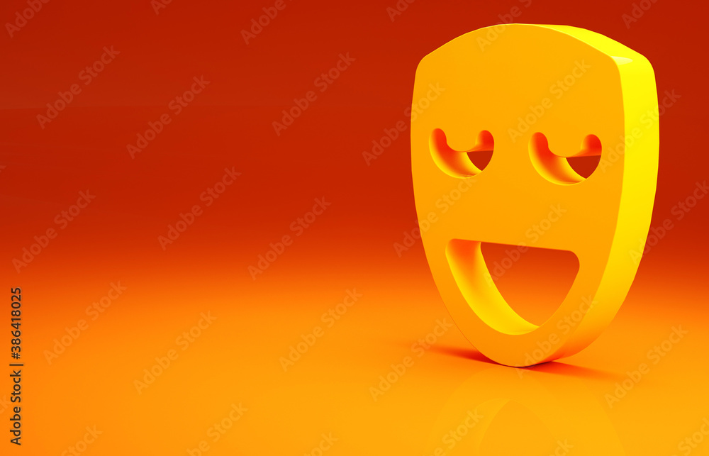 Yellow Comedy theatrical mask icon isolated on orange background. Minimalism concept. 3d illustratio