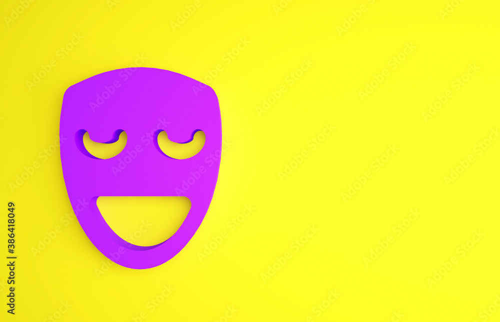 Purple Comedy theatrical mask icon isolated on yellow background. Minimalism concept. 3d illustratio