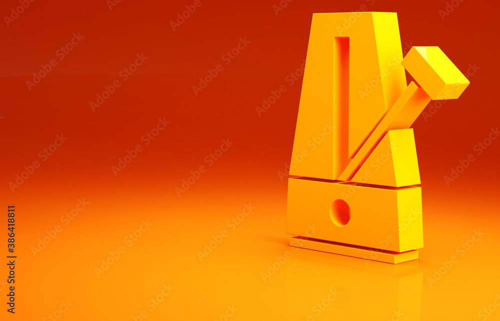 Yellow Classic Metronome with pendulum in motion icon isolated on orange background. Equipment of mu