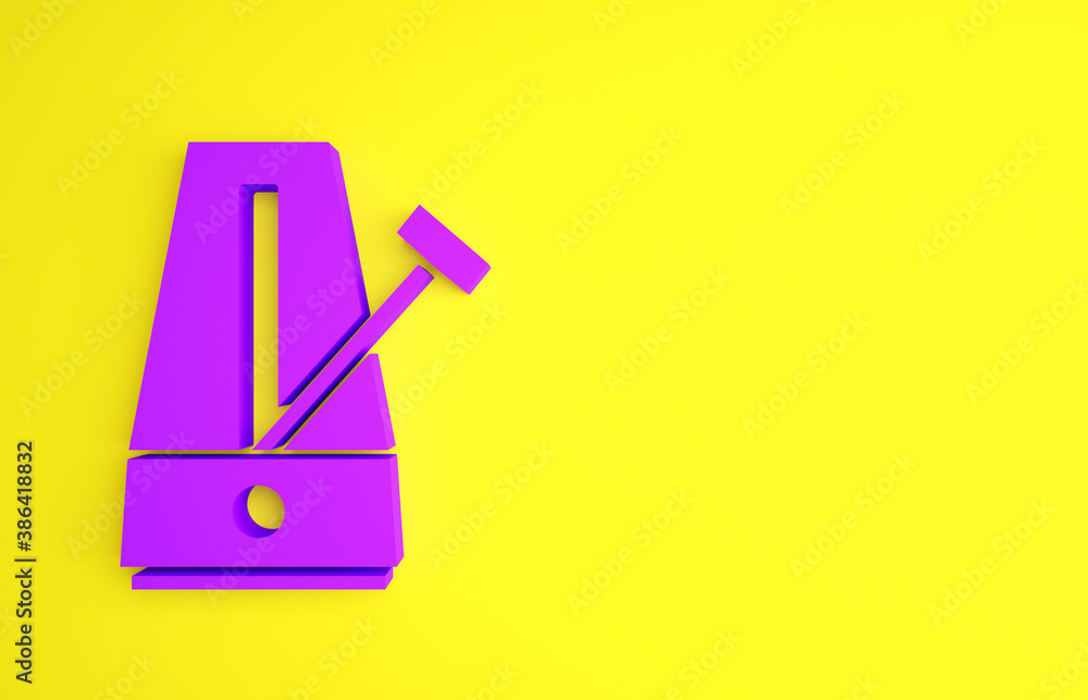 Purple Classic Metronome with pendulum in motion icon isolated on yellow background. Equipment of mu