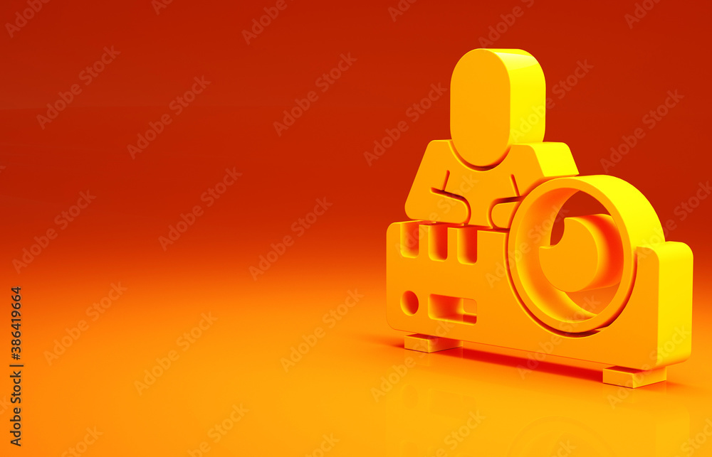 Yellow Presentation, movie, film, media projector icon isolated on orange background. Minimalism con